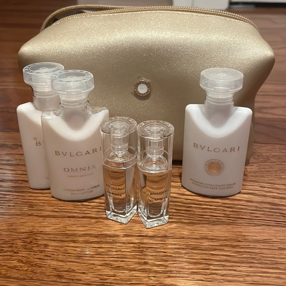 Rose Gold Bvlgari Cosmetics bag with Travel products